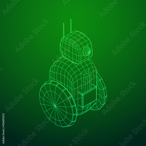Robot Promoter LCD Screen on two wheels. Ad promo bot. Wireframe low poly mesh vector illustration