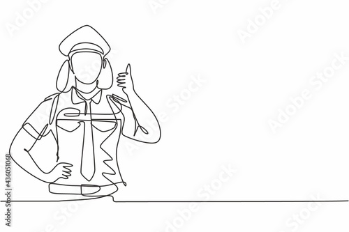 Single one line drawing of a woman pilot with a thumbs-up gesture and in full uniform ready to fly with the cabin crew on the plane at airport. Continuous line draw design graphic vector illustration