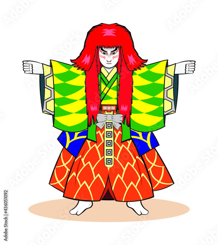 Kabuki – classical Japan drama with Long hair actor in luxury Kimono dress drawing in cartoon vector