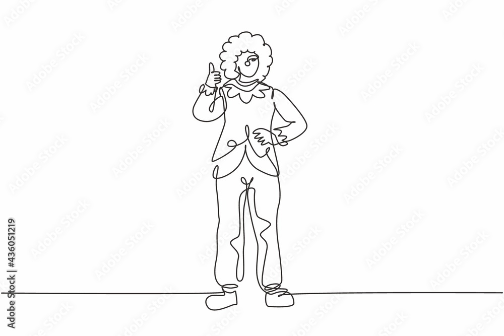 Single one line drawing of female clown stands with a thumbs-up gesture wearing wig and clown costume ready to entertain the audience in circus. Continuous line draw design graphic vector illustration