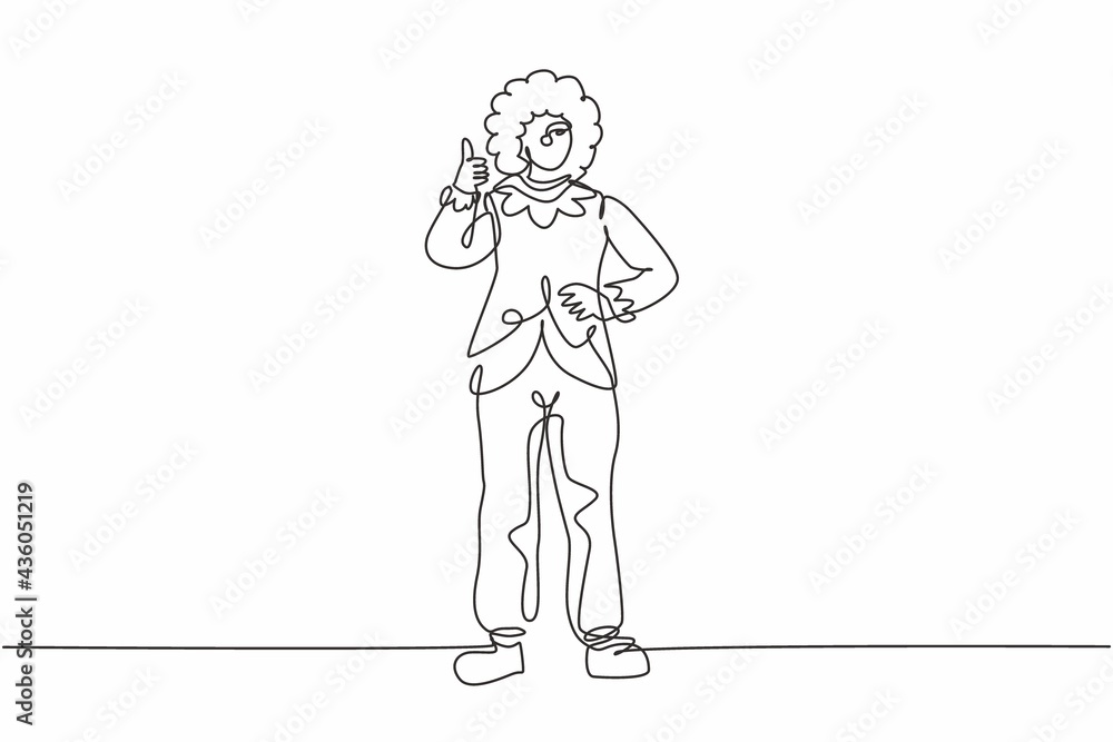 Single one line drawing of female clown stands with a thumbs-up gesture wearing wig and clown costume ready to entertain the audience in circus. Continuous line draw design graphic vector illustration Single one line drawing of female clown stands with a thumbs-up gesture wearing wig and clown costume ready to entertain the audience in circus. Continuous line draw design graphic vector illustration
