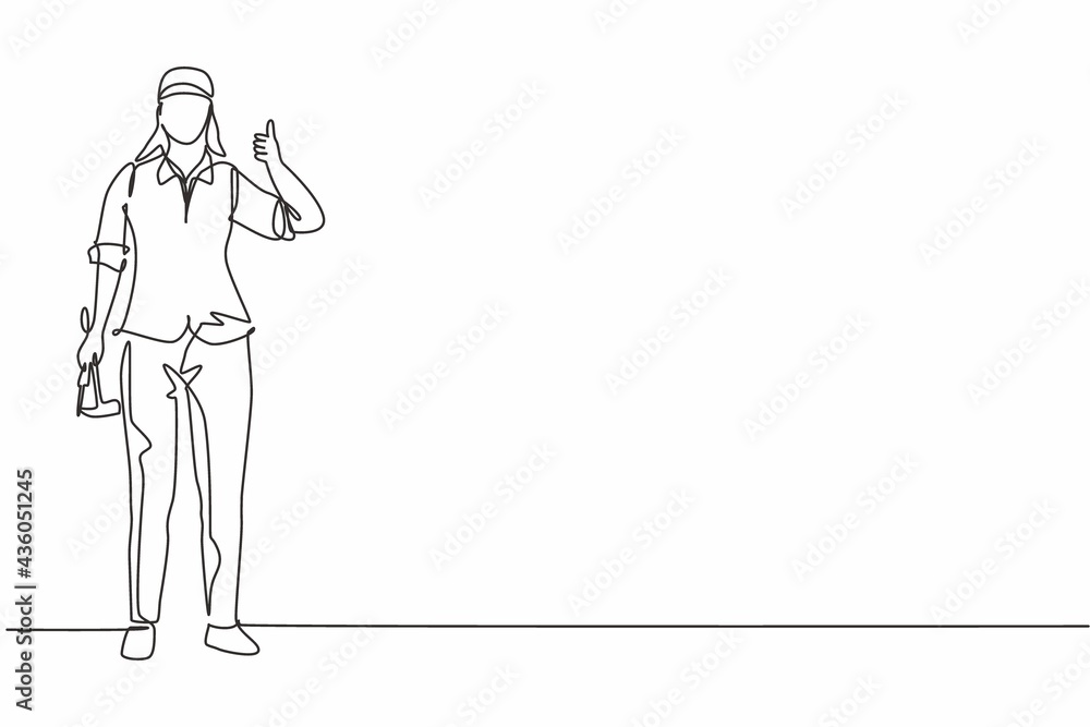 Continuous one line drawing carpenter woman standing with a thumbs-up gesture works for wood industry and must be skilled at using carpentry tools. Single line draw design vector graphic illustration Continuous one line drawing carpenter woman standing with a thumbs-up gesture works for wood industry and must be skilled at using carpentry tools. Single line draw design vector graphic illustration