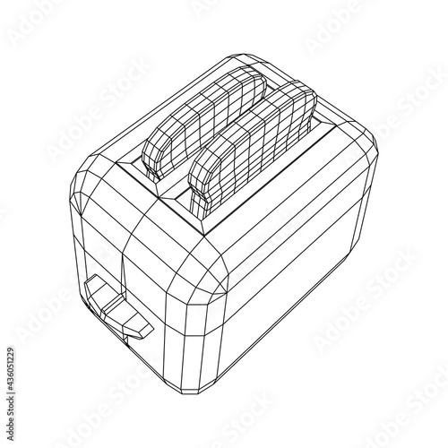 Toaster with two fried pieces of loaf prepared for a breakfast. Wireframe low poly mesh vector illustration.