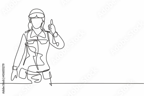 Single continuous line drawing woman soldiers with goggle, full uniforms, thumbs-up gestures are ready to defend the country on battlefield. Dynamic one line draw graphic design vector illustration