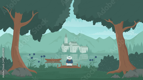 Forest, island, wooden lake pier landscape vector illustration. Cartoon calm evening scenery with old european castle and mountains on horizon, tourist character sitting by lake among trees background