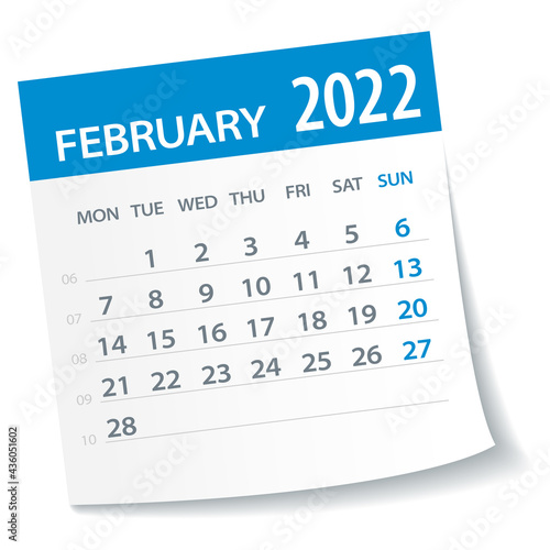 February 2022 Calendar Leaf. Week Starts on Monday. Vector Illustration
