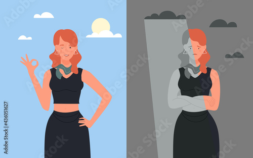 Business woman in good and bad mood vector illustration. Cartoon happy fashionable businesswoman standing and waving, sad female office worker crossed arms in stress negative emotion background