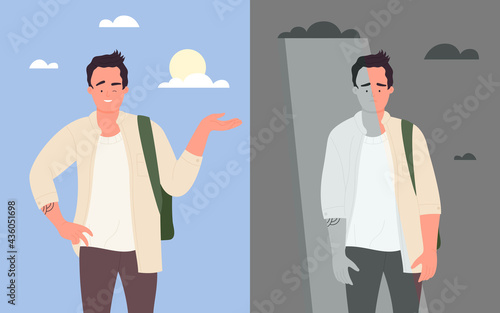 Young man student in good and bad mood, mental health weather concept vector illustration. Cartoon pessimist unhappy character and happy teenager optimist, positive and negative thinking background