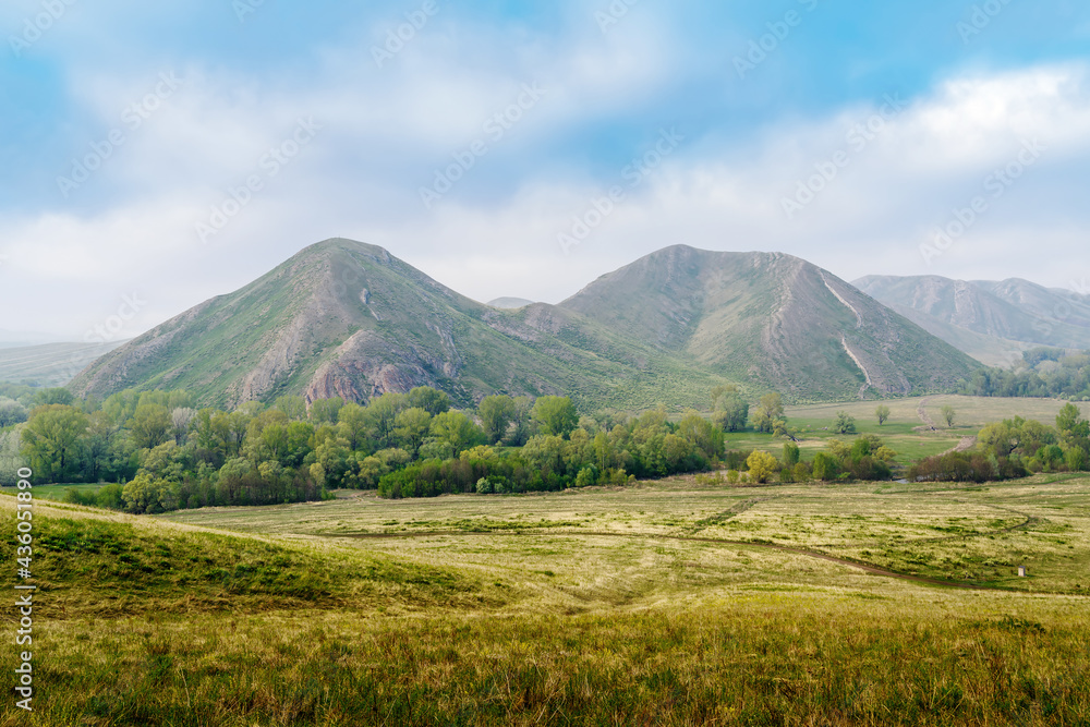 Spring mountain landscape, View of the Long and Sergeevskaya mountains from the slope of the Chasovnaya mountain. The picture was taken near the village of Andreevka, Orenburg region