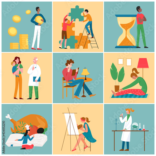People in everyday lifestyle, life scenes vector illustration set. Cartoon tiny man holding coin, freelancer working to make money, family doctor with mother and child, girl reading book background