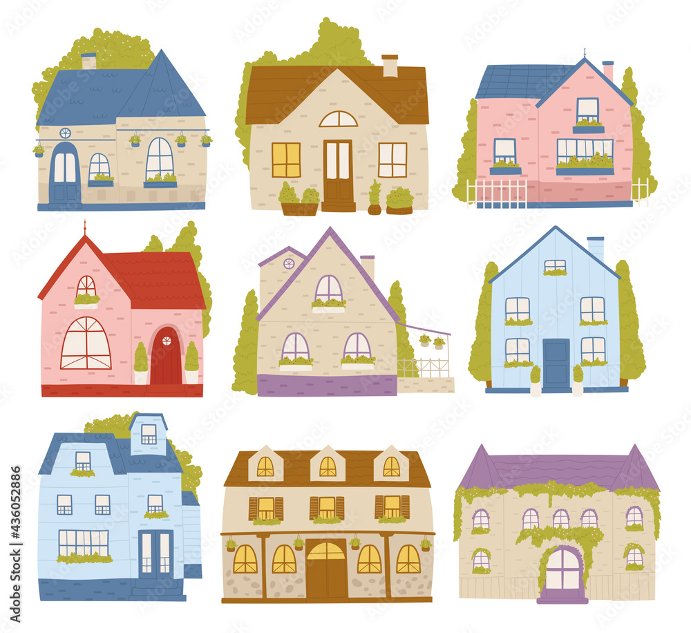 Town houses, neighborhood residence cartoon buildings vector illustration set. Cartoon cute colourful cottage cabin houses collection, residential architecture diversity for neighbors isolated