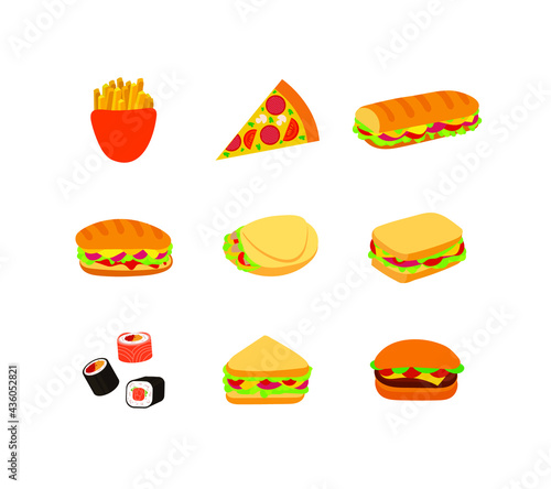 Vector set of different fast food icons isolated on white background, burgers, sandwiches, pizza, suchi, french fries.
