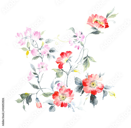 Flowers watercolor illustration.Manual composition.Big Set watercolor elements，Design for textile, wallpapers，Element for design,Greeting card