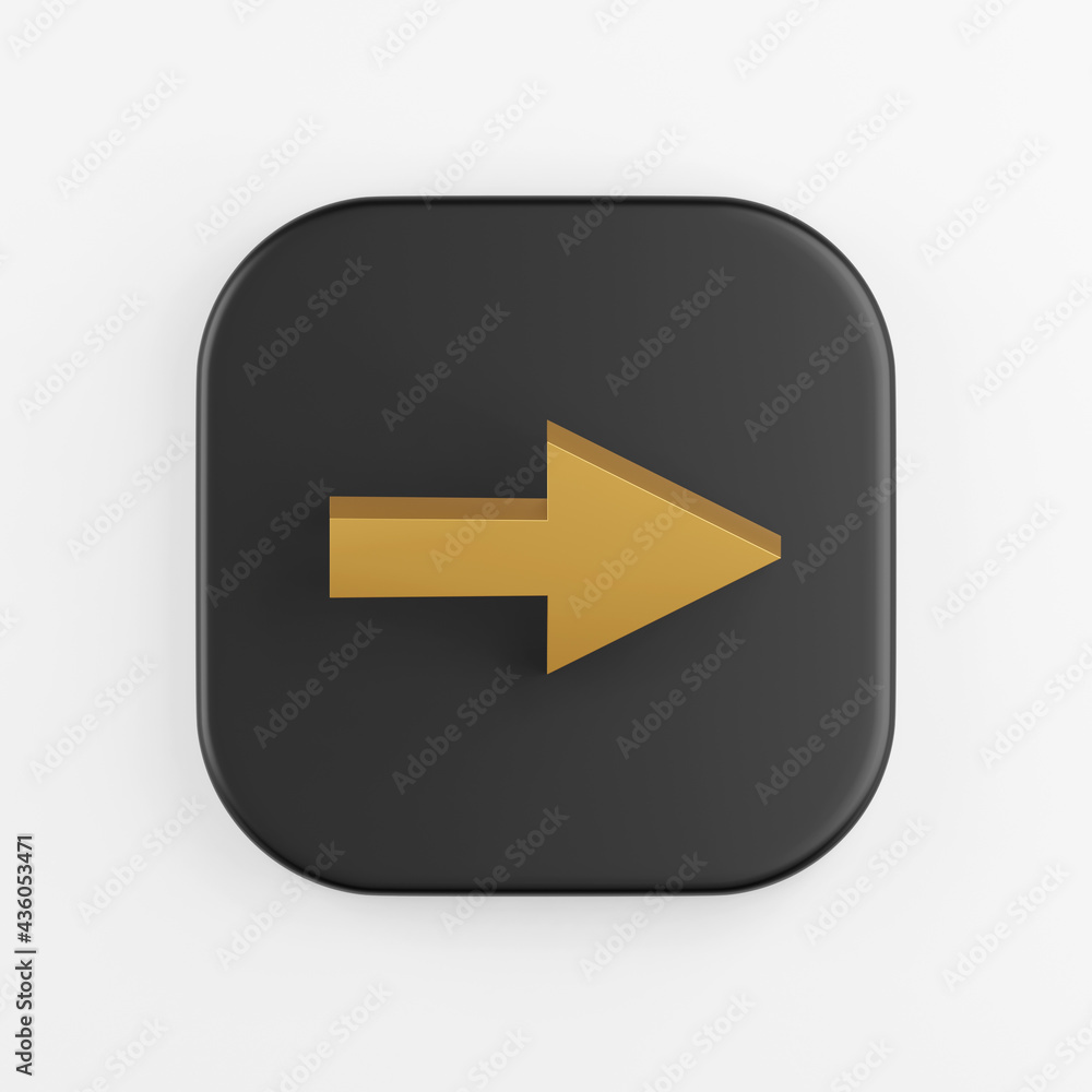 Right arrow gold icon. 3D rendering of black square key button, interface ui ux element. Right arrow gold icon. 3D rendering of black square key button, interface ui ux element.