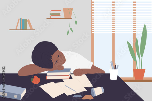 People study hard, tired student vector illustration. Cartoon boy teenager character sleeping on table next to books, studying and working overload at home, exhausted teens overwork background