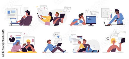 Web developers people work vector illustration set. Cartoon designer coder characters working with virtual graphical interface, developing website design, writing software code isolated on white