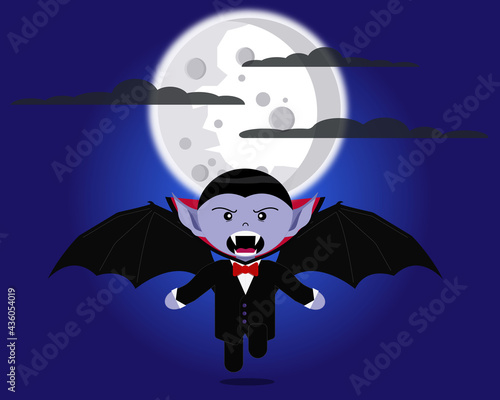 Evil mad little vampire Dracula character wearing costume with fangs and wings vector cartoon 