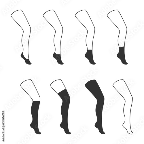 Types of socks collection. Invisible, extra low cut, low cut, quarter, mild calf, knee high, over knee and thig high socks.