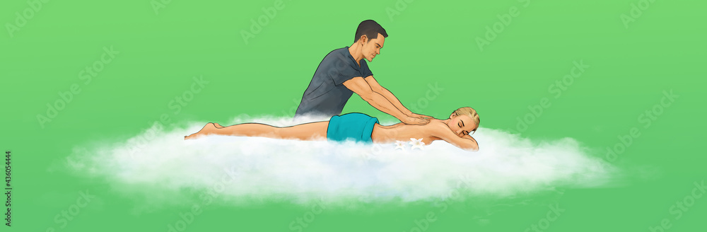 Massage illustration. A man gives a girl a massage. Girl lying on a cloud Massage illustration. A man gives a girl a massage. Girl lying on a cloud