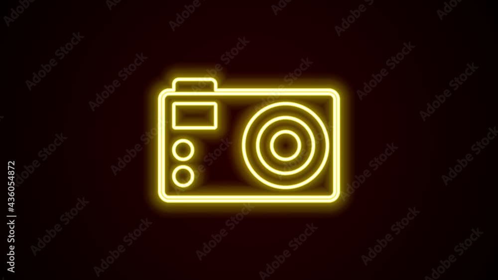 Glowing neon line Photo camera icon isolated on black background. Foto camera. Digital photography. 4K Video motion graphic animation Glowing neon line Photo camera icon isolated on black background. Foto camera. Digital photography. 4K Video motion graphic animation