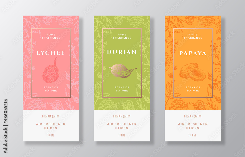 Home Fragrance Vector Label Templates Set. Hand Drawn Sketch Lychee, Durian, Papaya and Flowers Background with Typography. Room Perfume Packaging Design Layouts Realistic Mockup. Isolated