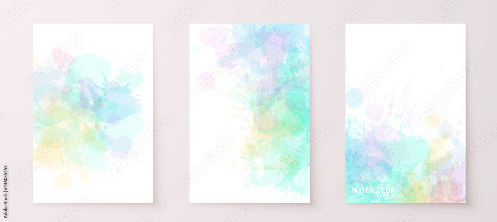 Watercolor effect vector stains. Grunge splatter backgrounds set. Paint stains. Watercolor splatter posters, wall art, greeting cards. Bright colorful grunge paint drops overlay.