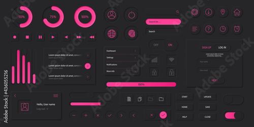 Neumorphism style elements vector set. Modern website or mobile app design bundle. Minimal style neumorphism buttons or icons kit. Neumorphic UI UX black design collection.