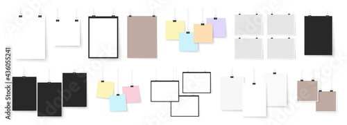 Posters on binder clips. Paper notes collection. Realistic vector mockup illustrations. Empty framings and notes for your design, drawings, logos or quotes.