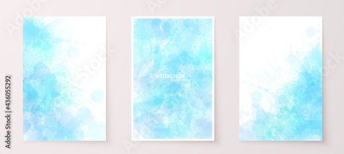 Watercolor effect vector stains. Grunge splatter backgrounds set. Paint stains. Watercolor splatter wall art, poster, greeting cards. Pastel blue grunge paint drops overlay.