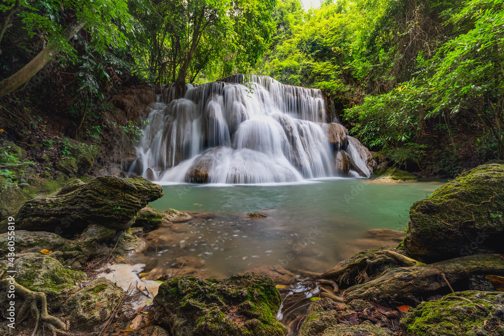 Fototapeta premium Huay Mae Khamin Waterfall Waterfall paradise Travel all year at Kanchanaburi, a 7-tiered waterfall in a national park with hiking trails, famous waterfalls in Thailand.
