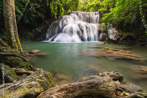 Huay Mae Khamin Waterfall Waterfall paradise Travel all year at Kanchanaburi, a 7-tiered waterfall in a national park with hiking trails, famous waterfalls in Thailand.