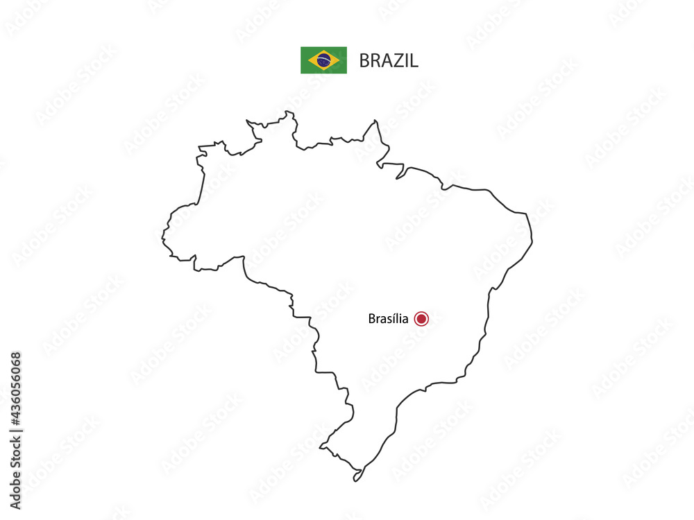 Hand draw thin black line vector of Brazil Map with capital city Brasília on white background.