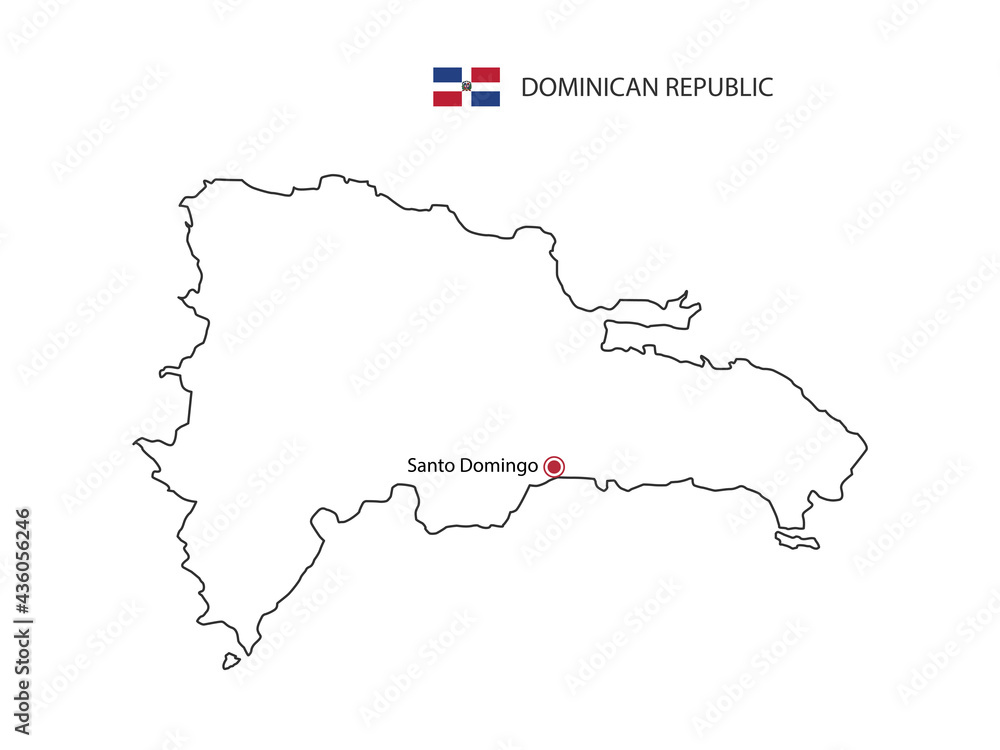 Hand draw thin black line vector of Dominican Republic Map with capital city Santo Domingo on white background.