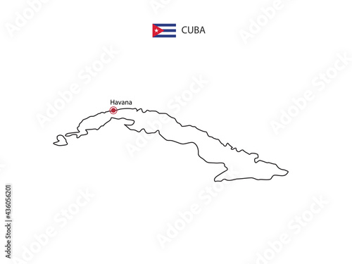 Hand draw thin black line vector of Cuba Map with capital city Havana on white background.