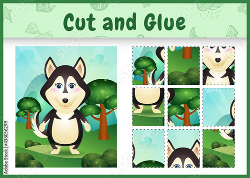 Children board game cut and glue with a cute husky dog
