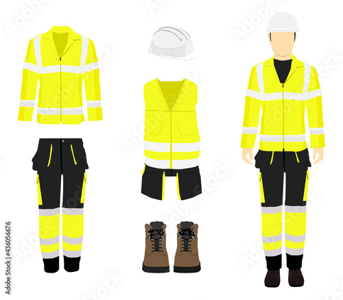 Professional protective clothes, boots and safety helmet.