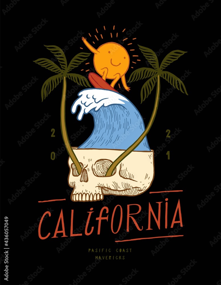 Naklejka premium Sun character surfing wave in the skull with palm trees growing from its eyes. California surfing vintage typography t-shirt print.
