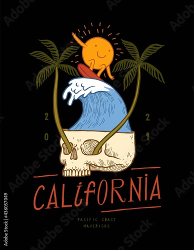 Sun character surfing wave in the skull with palm trees growing from its eyes. California surfing vintage typography t-shirt print.
