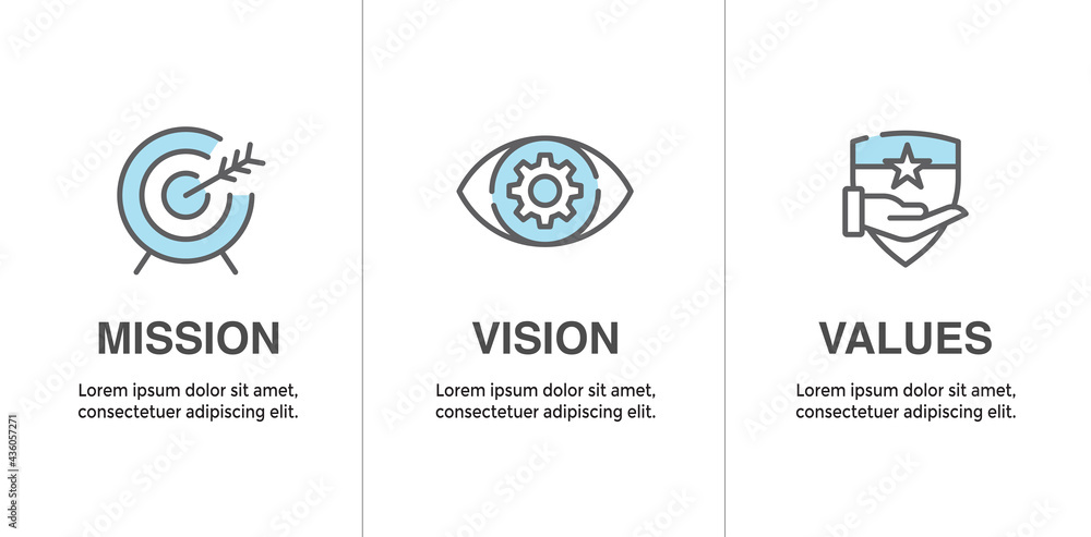 Mission Vision and Values Icon Set with mission statement, vision icon, etc - obrazy, fototapety, plakaty 