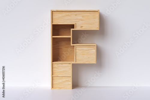 Wood alphabet letter F in the shape of furniture made of natural pine plywood. High detailed 3D rendering.