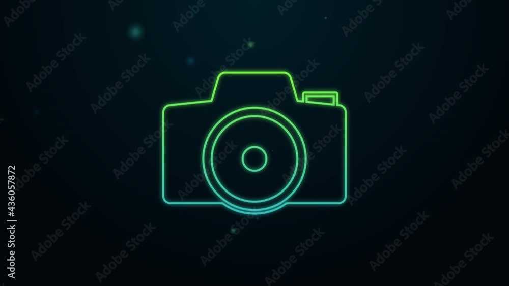 Glowing neon line Photo camera icon isolated on black background. Foto camera. Digital photography. 4K Video motion graphic animation Glowing neon line Photo camera icon isolated on black background. Foto camera. Digital photography. 4K Video motion graphic animation