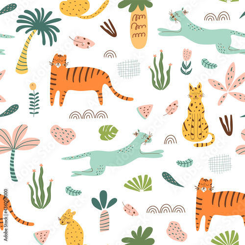 Safari kids pattern. Funny jungle seamless pattern. Palm trees, safari leopard, tiger, cactus doodle textie background.