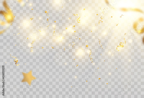 Golden confetti falls on a beautiful background. Falling streamers on stage.