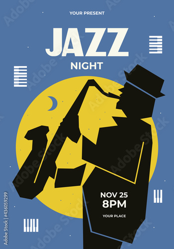 Jazz night music poster design. Invitation for music festival. Vector design template with place for your text. Jazz poster, musical band invitation illustration. Jazz music instrument background
