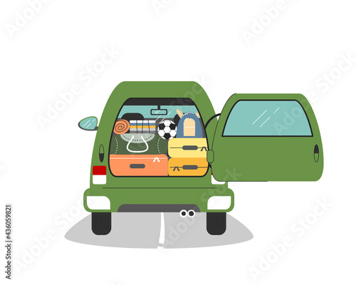 Car trunk is open and full of travel luggage. Automobile, back view with suitcase, sport bag, carry on, football ball, backpack. Road trip concept. Vector flat cartoon illustration isolated on white