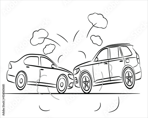 Car accident concept illustration. Sedan and suv car abstract silhouette on white background