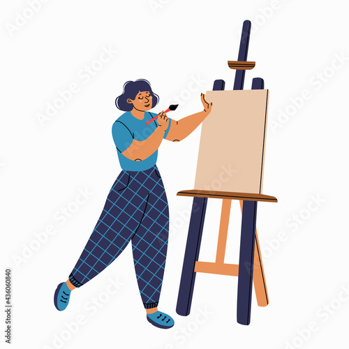 Girl artist with a high easel. Isolated illustration for design.