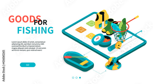 Goods for fishing - modern colorful isometric web banner