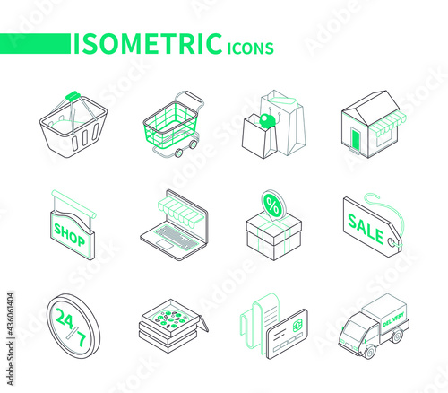Online shopping and delivery - modern line isometric icons