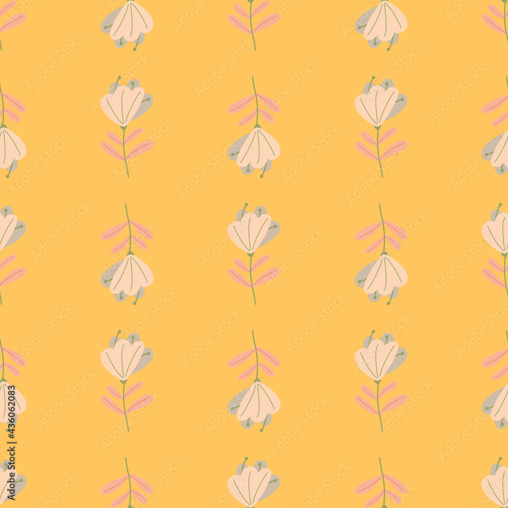 Vintage seamless hand drawn pattern with white abstract flowers ornament. Yellow pastel background.